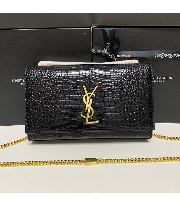 YSL Black Original Croc Veins Calfskin Leather Golden Chain 24cm Small Shoulder Bag