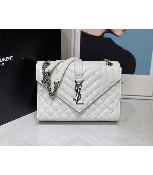 YSL White Original Matelasse Embossed Caviar Leather Silver Metal Medium Envelope Bag