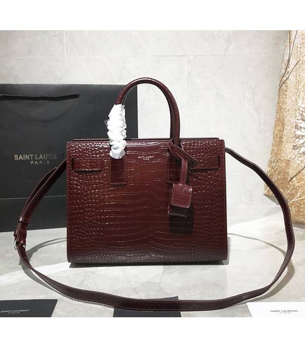 YSL Baby Sac De Jour Wine Red Original Croc Veins Leather 26cm Souple Duffle Tote Shoulder Bag