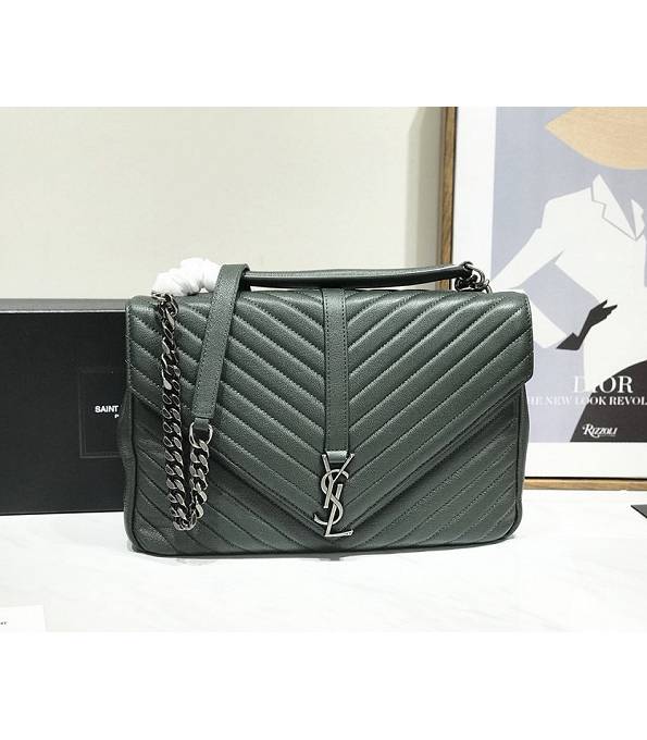 YSL College Dark Green Original Chevron Lambskin Leather Silver Metal Top Handle Bag