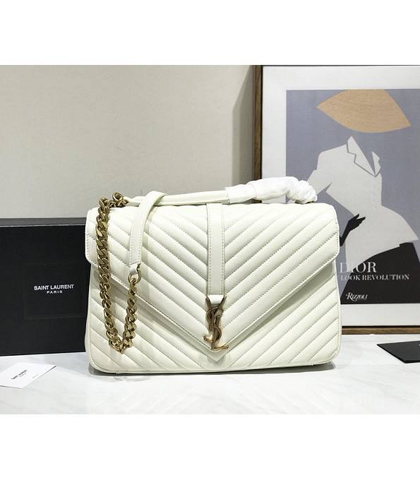 YSL College White Original Chevron Lambskin Leather Golden Metal Top Handle Bag