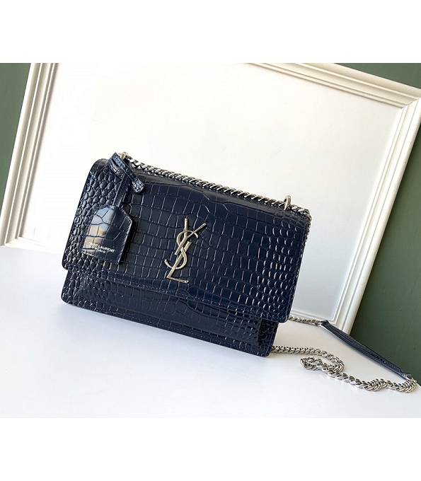 YSL Sunset Dark Blue Original Croc Veins Leather Silver Metal Medium Flap Shoulder Bag