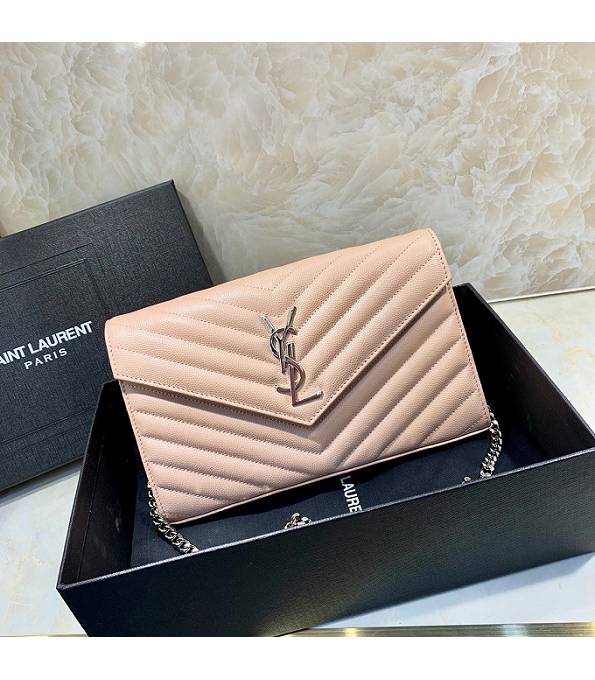 YSL Pink Original Caviar Veins Leather 23cm Envelope Silver Chain Wallet