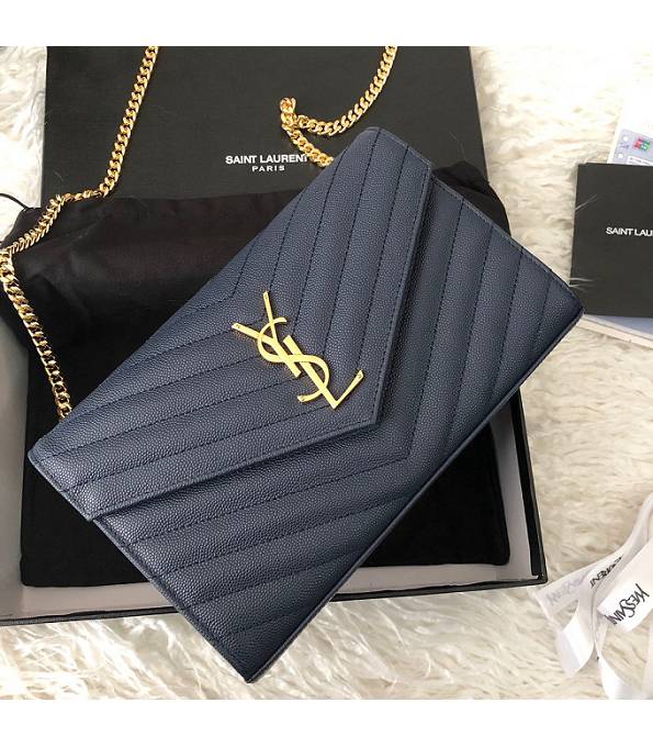 YSL Dark Blue Original Caviar Veins Leather 23cm Envelope Golden Chain Wallet