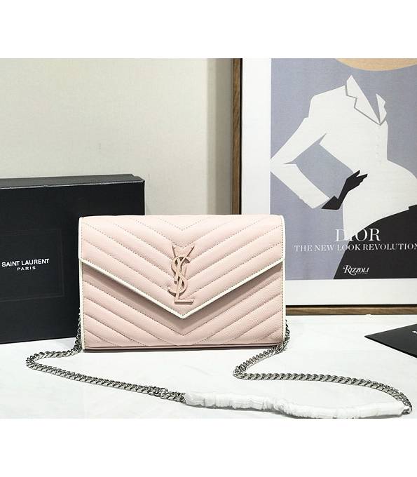 YSL Pink Original Caviar Veins Leather 23cm Envelope Silver Chain Wallet