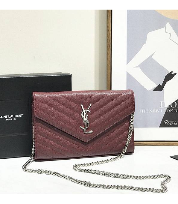 YSL Jujube Original Caviar Veins Leather 23cm Envelope Silver Chain Wallet