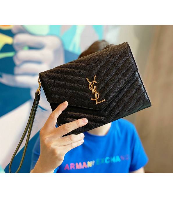 YSL Black Original Embossed Quilted Caviar Veins Leather Golden Metal Monogram Envelope Clutch