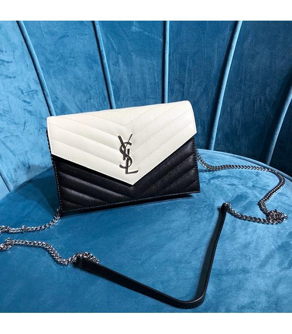 YSL White/Black Original Caviar Veins Leather 19cm Envelope Silver Chain Wallet