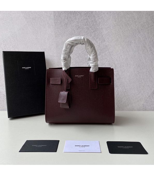 YSL Sac De Jour Wine Red Original Caviar Veins Leather 22cm Souple Duffle Tote Shoulder Bag