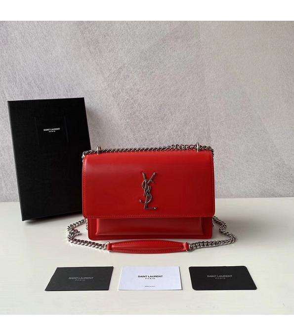 YSL Sunset Red Original Pin Stripes Real Leather Silver Metal Medium Flap Shoulder Bag