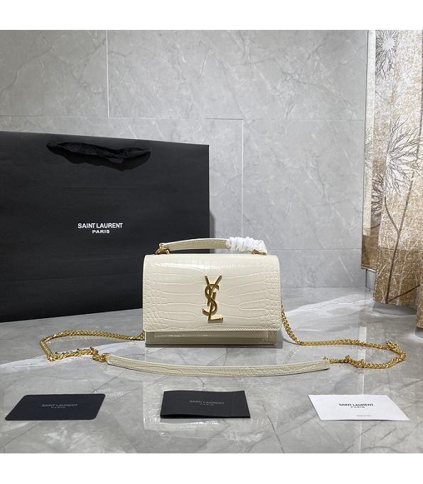 YSL Sunset White Original Croc Veins Real Leather Golden Metal Wallet On Chain