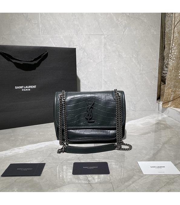 YSL Niki Baby Dark Green Original Croc Veins Real Leather Silver Chain 22cm Shoulder Bag