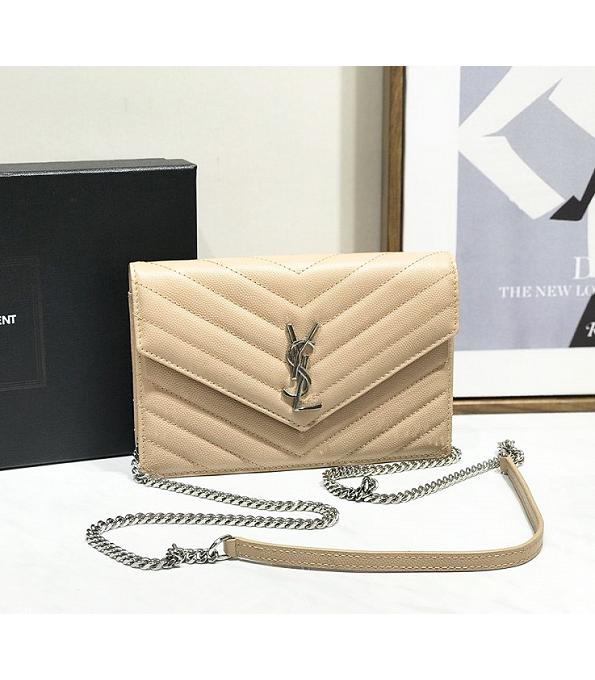 YSL Apricot Original Caviar Veins Real Leather 19cm Envelope Silver Chain Wallet