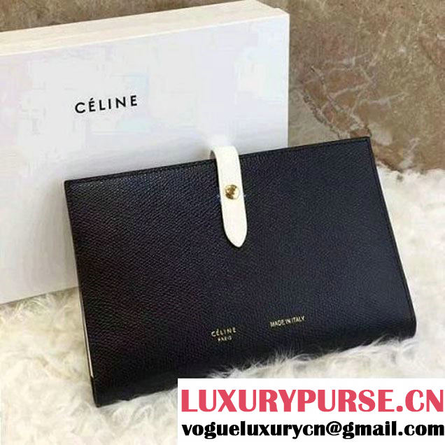 Celine Strap Grained Calfskin Large Multifunction Wallet Black/White 2017 (1A021-7050302 )