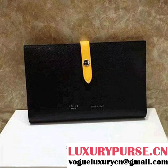 Celine Strap Grained Calfskin Large Multifunction Wallet Black/Yellow 2017 (1A021-7050303 )