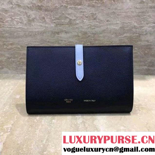 Celine Strap Grained Calfskin Large Multifunction Wallet Black/Light Blue 2017 (1A021-7050311 )