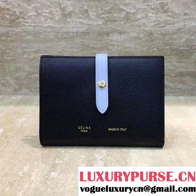 Celine Strap Grained Calfskin Medium Multifunction Wallet Black/Light Blue 2017 (1A021-7050314 )