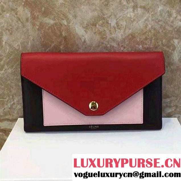 Celine Pocket Trifolded Multifunction Wallet In Muticolour Calfskin Red/Pink/Coffee 2017 (1A021-7070330 )