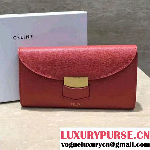 Celine Trotteur Large Flap Multifunction Wallet In Grained Calfskin Dark Pink 2017 (1A021-7072505 )