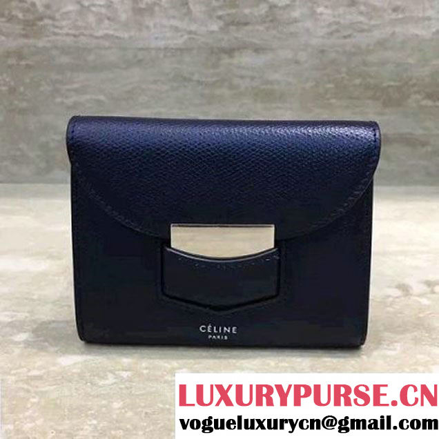 Celine Trotteur Small Folded Wallet In Grained Calfskin Dark Blue 2017 (1A021-7072507 )