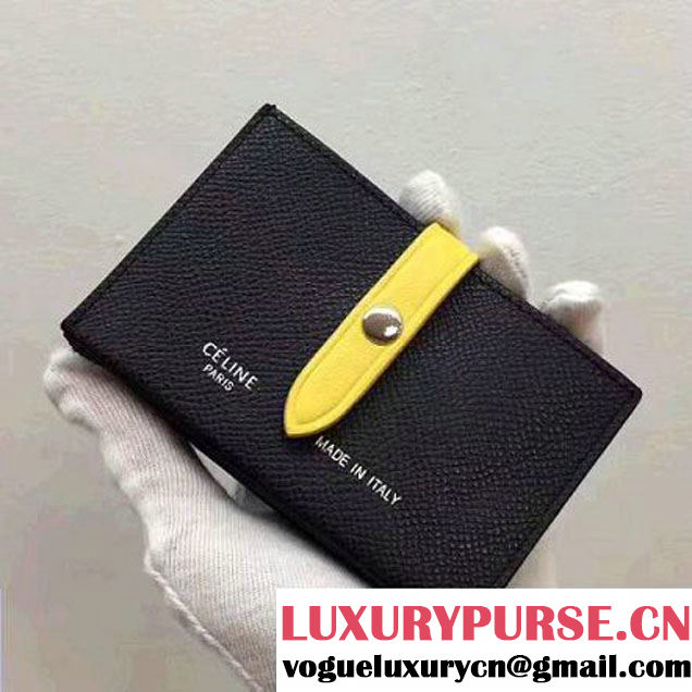 Celine Strap Medium Card Holder in Grained Calfskin Black/Yellow 2017 (1A078-7072907 )