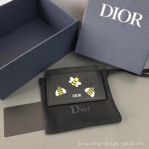 Dior Calfskin DIOR X KAWS Card Holder Black with Yellow Bees 2019