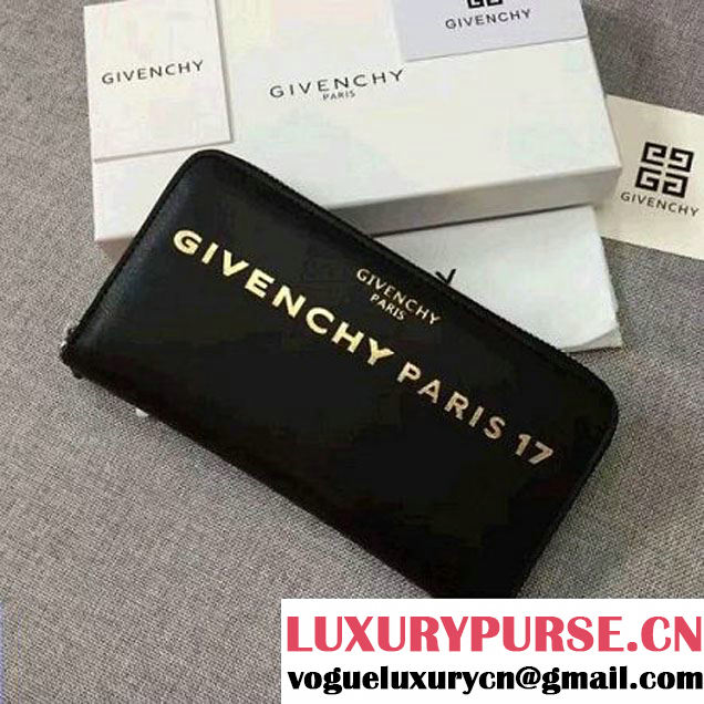 Givenchy Long Zip Around Wallet In Black Leather With Gold Words Print 2017 (YS-7032331 )