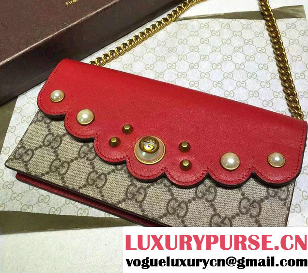 Gucci Pearl Studs GG Supreme Mini Chain Wallet Bag 431478 Red 2016