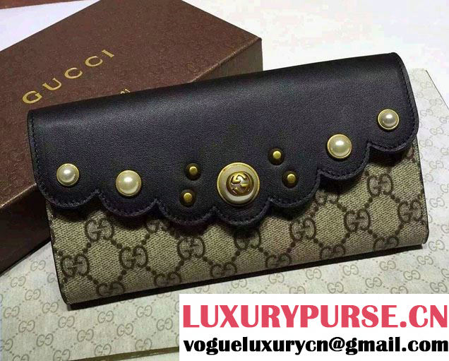 Gucci Pearl Studs Peony GG Supreme Continental Wallet 431474 Black 2016