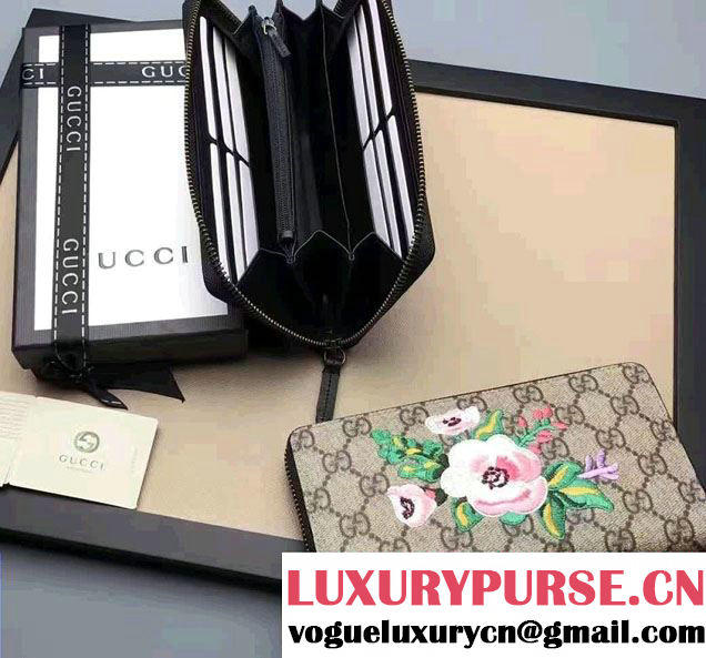 Gucci Embroidered Flowers Exclusive GG Supreme Zip Around Wallet 456863 Black 2016