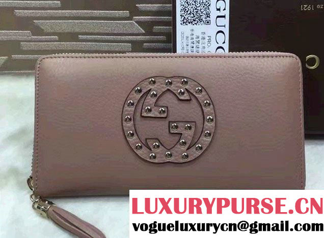 Gucci Soho Leather Zip Around Wallet 308004 Studded Nude Pink