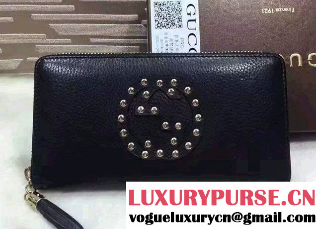 Gucci Soho Leather Zip Around Wallet 308004 Studded Black