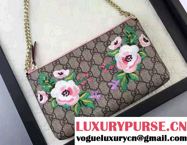 Gucci Embroidered Flowers Exclusive GG Supreme Wrist Chain Wallet Bag 456866 Pink 2017