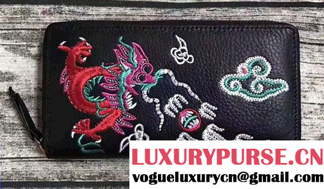 Gucci Leather Zip Around Wallet With Embroidered Fiery Dragon 474584 Black 2017