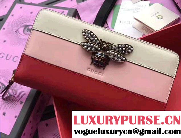 Gucci Queen Margaret Leather Continental Zip Around Wallet Metal Bee Trim 476069 White/Light Pink 2017