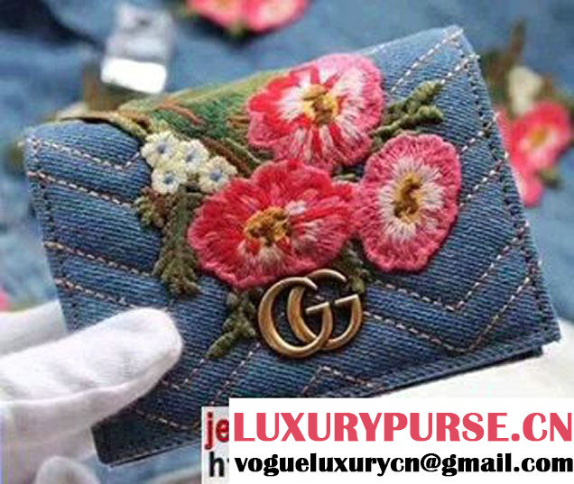 Gucci Metal Logo GG Marmont Embroidered Floral Cloth Fabric Card Case 466492 Blue