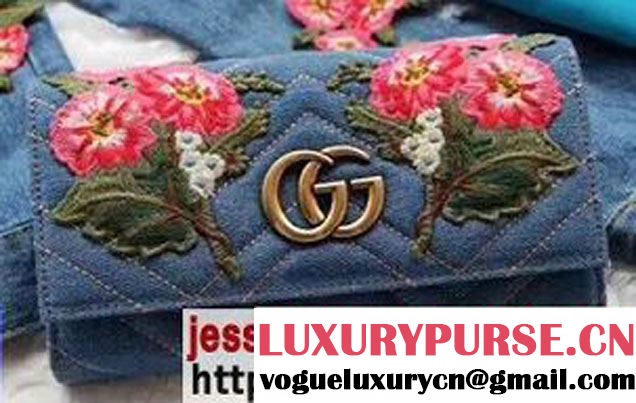 Gucci Metal Logo GG Marmont Embroidered Floral Cloth Fabric Continental Wallet 443436 Blue