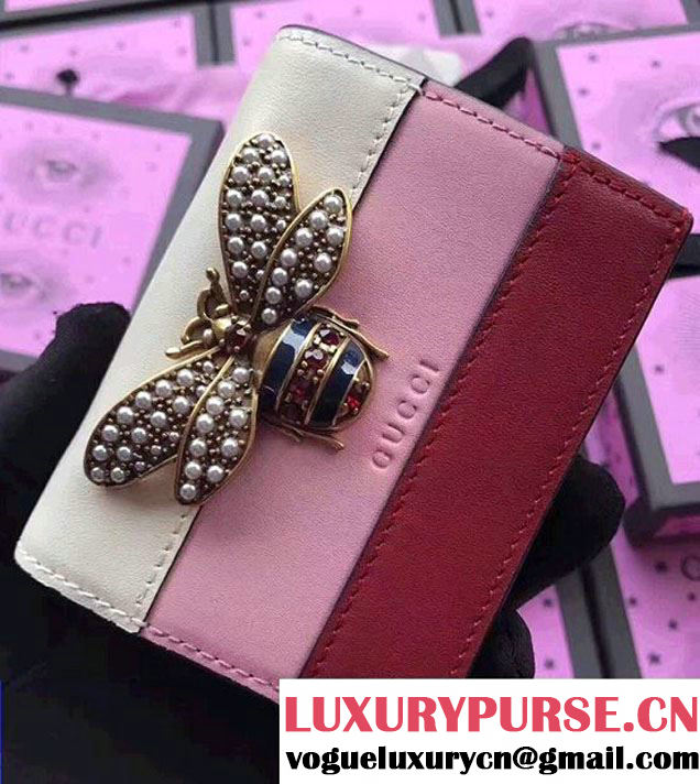 Gucci Queen Margaret Metal Pearls Bee Leather Card Case 476072 White/Light Pink 2017