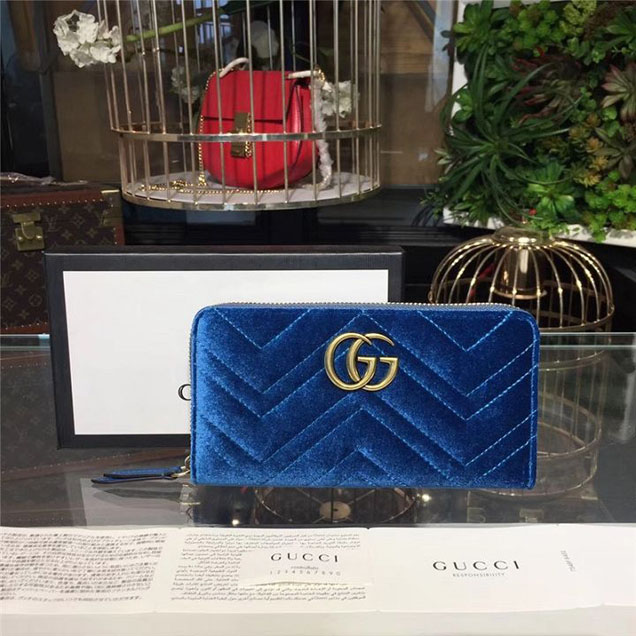 Gucci GG Marmont Chevron Velvet Wallet 19cm Fall Winter 2017 Collection Cobalt Blue