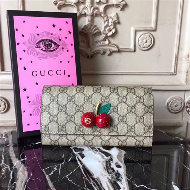 Gucci GG Supreme Wallet with Cherries 19cm Fall Winter 2017 Collection Beige Red