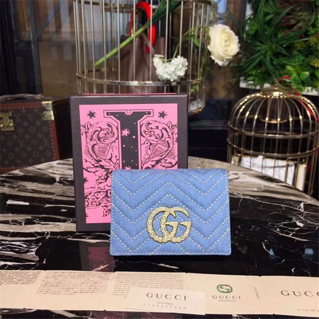 Gucci Pearl GG Marmont Matelasse Chevron Bi-Fold Wallet 12cm Calfskin Leather Fall Winter 2017 Collection Denim Blue