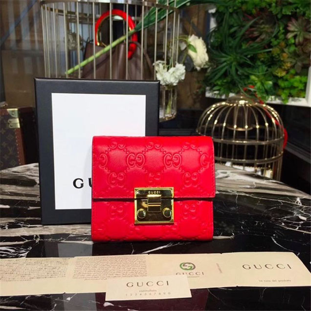 Gucci Tri-Fold Padlock Wallet 12cm Calfskin Leather Fall Winter 2017 Collection Red