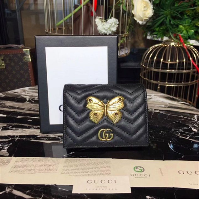 Gucci Butterfly Insect GG Marmont 2.0 Tri-Fold Compact Wallet 12cm Calfskin Leather Fall Winter 2017 Collection Black