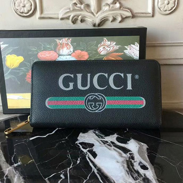 Gucci Print Leather Zip Around Wallet 496317 Black