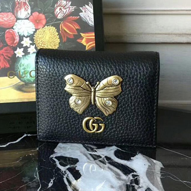 Gucci Leather Card Case With Butterfly Wallet 499361 Black