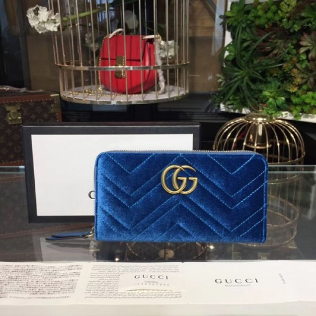 Gucci GG Marmont Chevron Velvet Wallet 19cm Fall/Winter 2017 Collection, Cobalt Blue