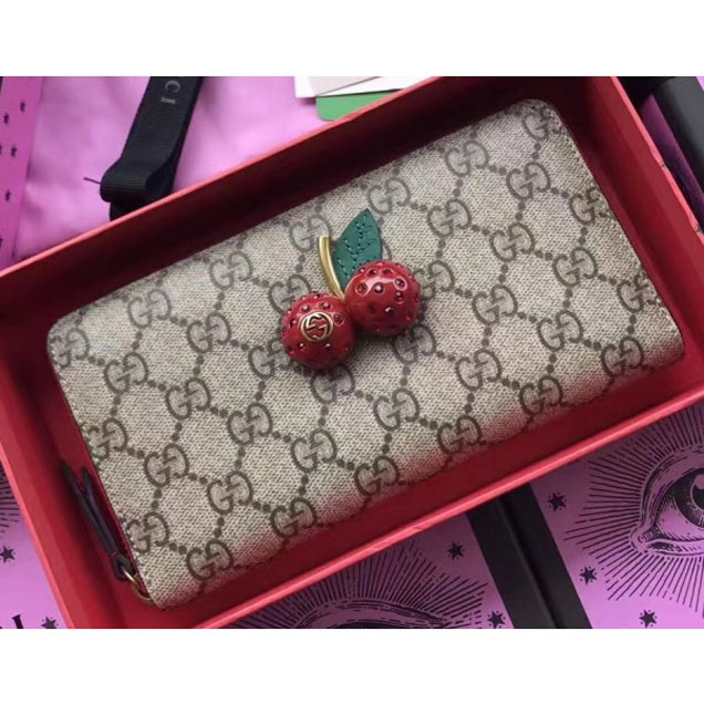 Gucci GG Supreme Zip Around Wallet With Cherries 476049 2018