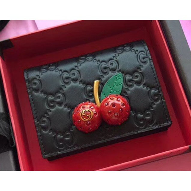 Gucci Signature Leather Card Case With Cherries 476050 Black 2018