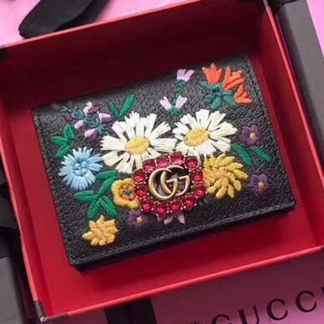 Gucci Embroidered Leather Card Holder 499311 Black 2018 Collection