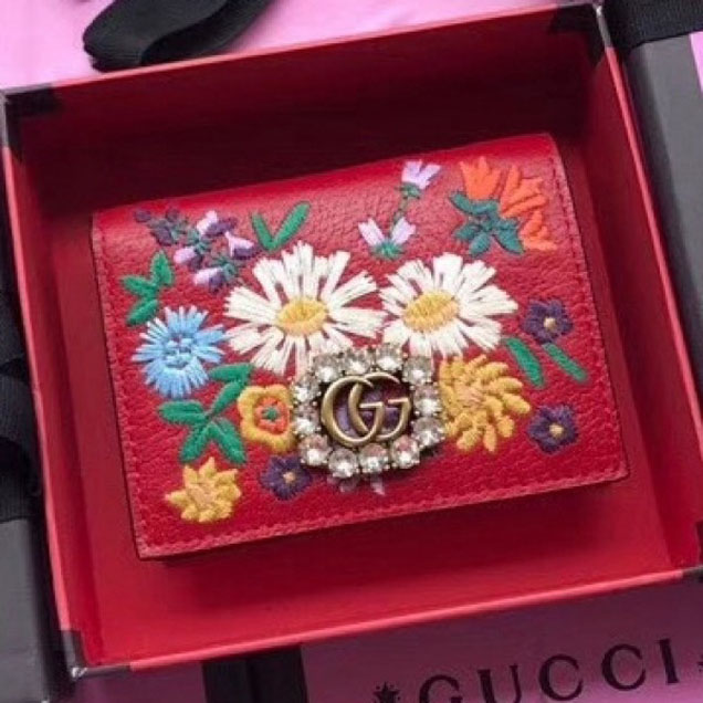 Gucci Embroidered Leather Card Holder 499311 Red 2018 Collection